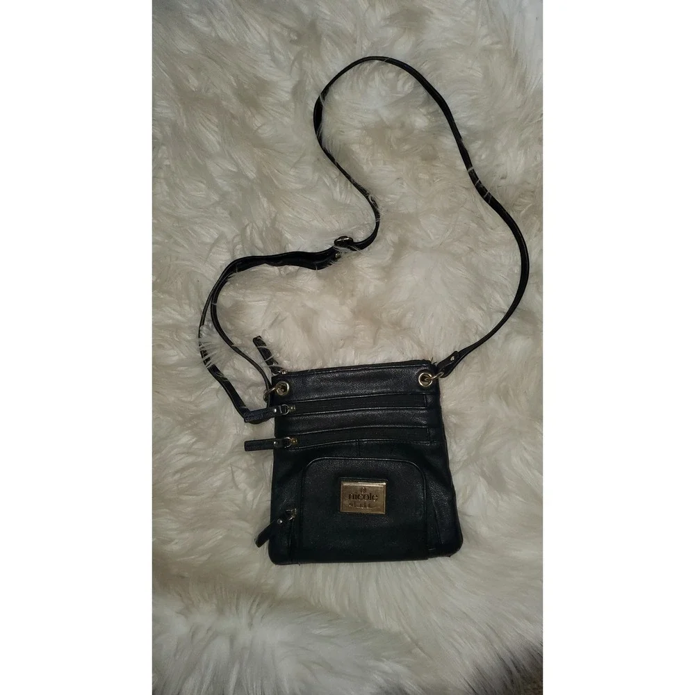Nicole by Nicole Miller Black Crossbody Bag Multi Zipper Faux Leather Purse